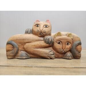 Carved Wood Sitting Cats Folk Art Figure 9"x5"